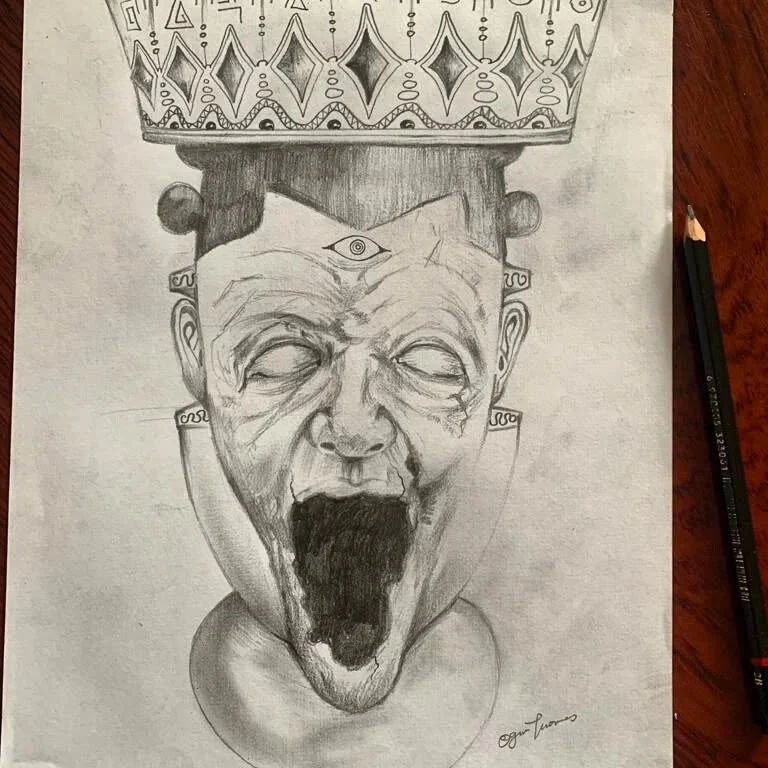 Pencil drawing of an open-mouthed crowned figure