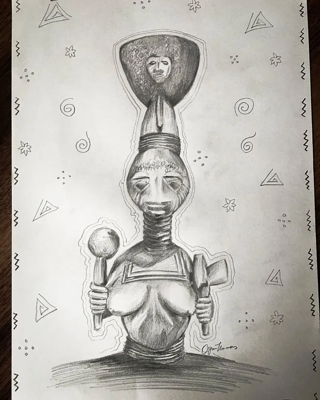 Pencil study of a vessel or figure with repeated symbolic forms