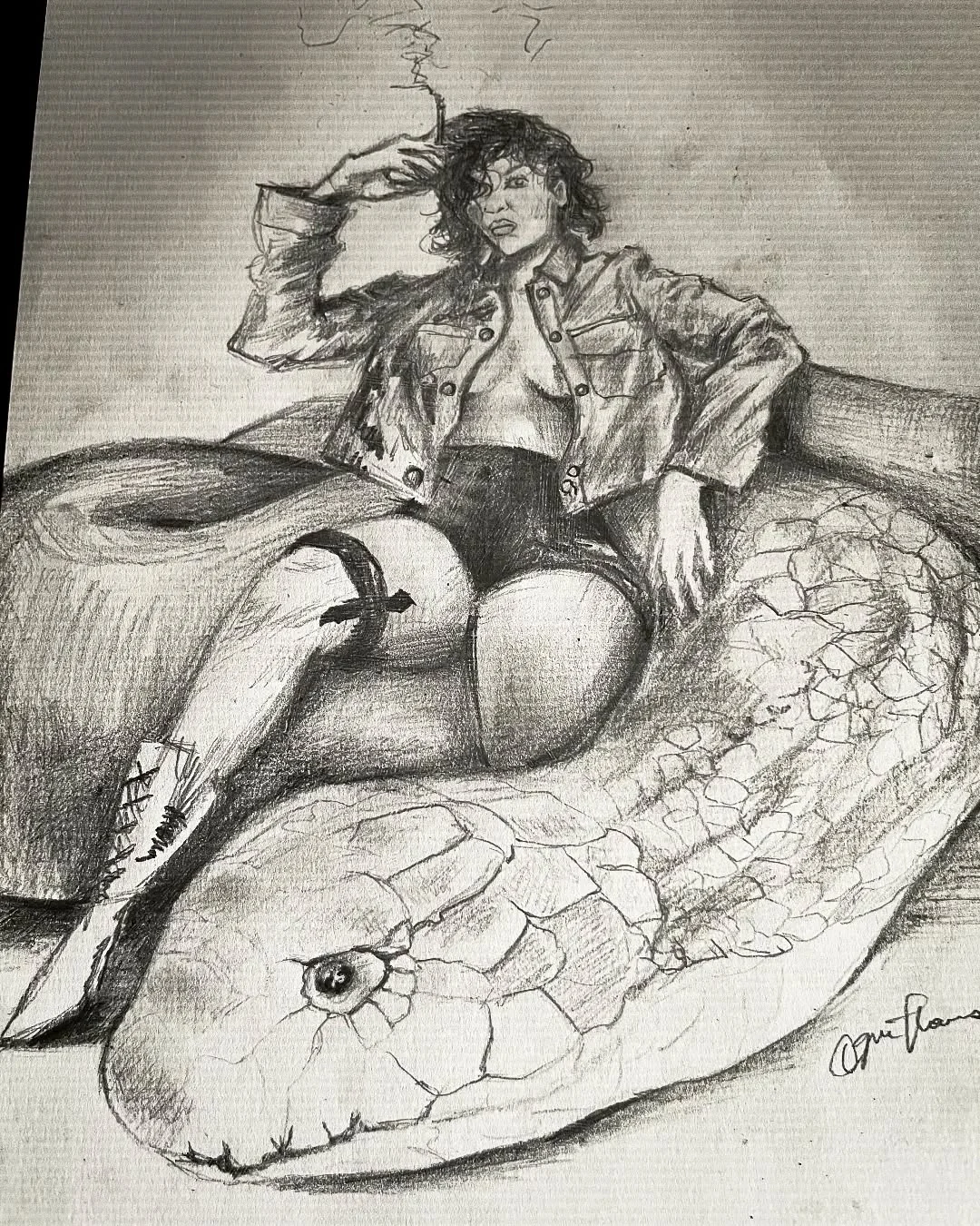 Pencil drawing of a reclining figure on an animal form