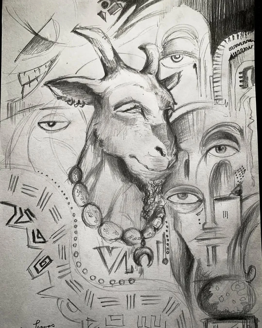 Pencil composition of a horned animal surrounded by faces and symbols
