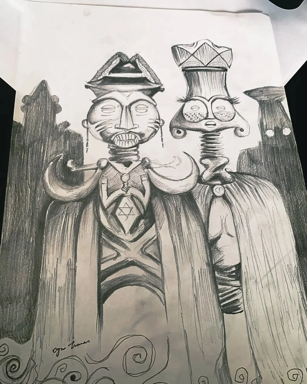 Pencil study of masked figures and cultural symbols