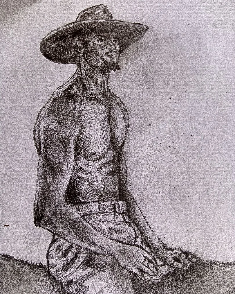 Pencil study of a seated figure wearing a wide-brimmed hat