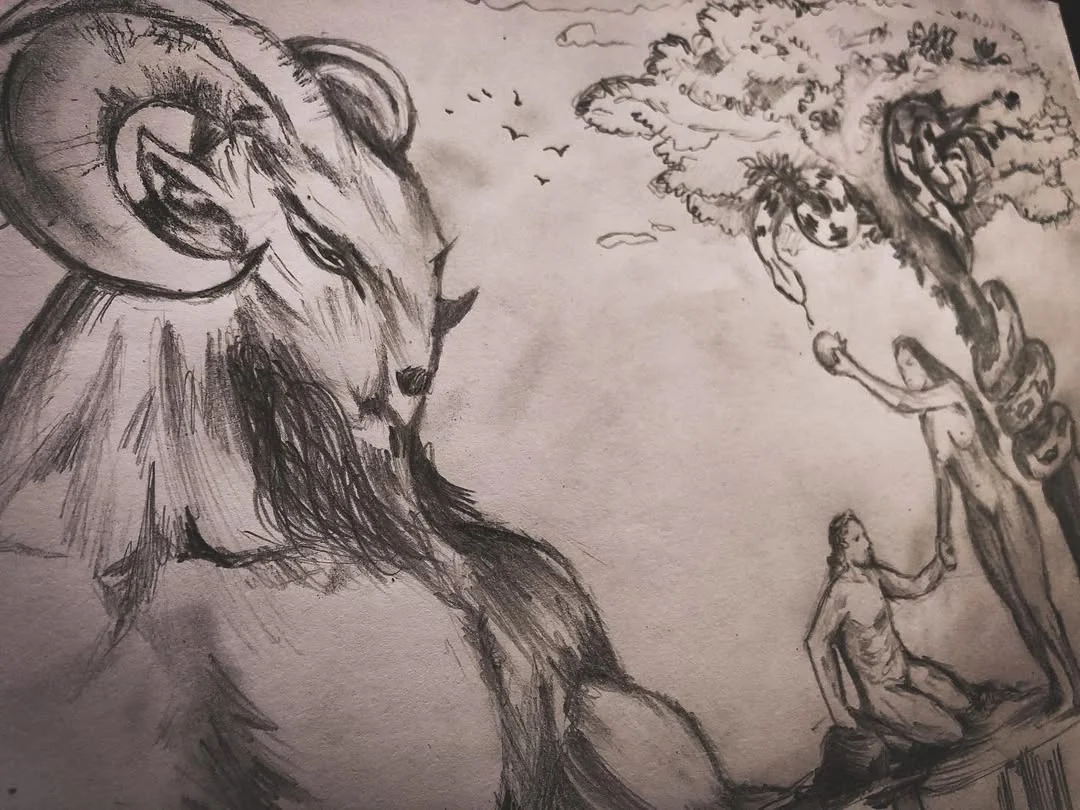 Pencil drawing of two figures or faces facing a tree-like form