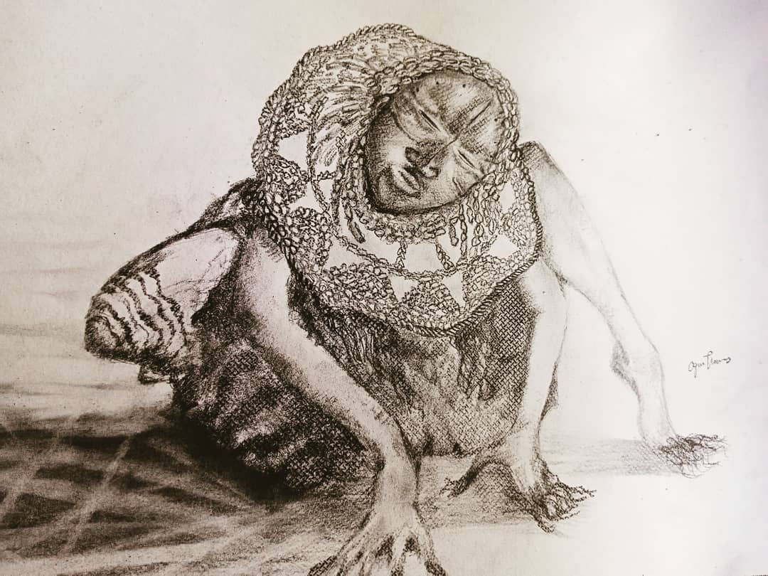 Traditional pencil drawing of a seated woman by Thomas Ogun