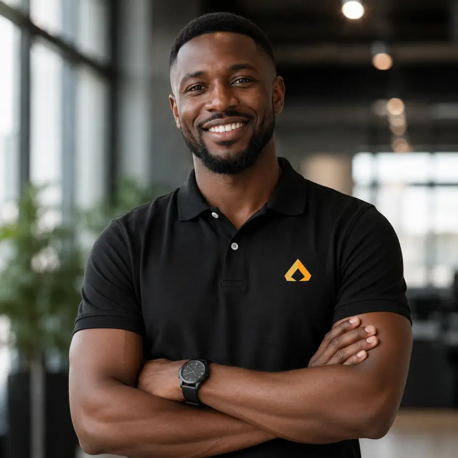 Smiling man wearing a black Aura Manager shirt